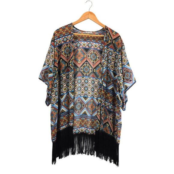 Kimono Boho Tribal Black Fringe Cardigan M by B_envied Wrap Gypsey Floral - Picture 2 of 13